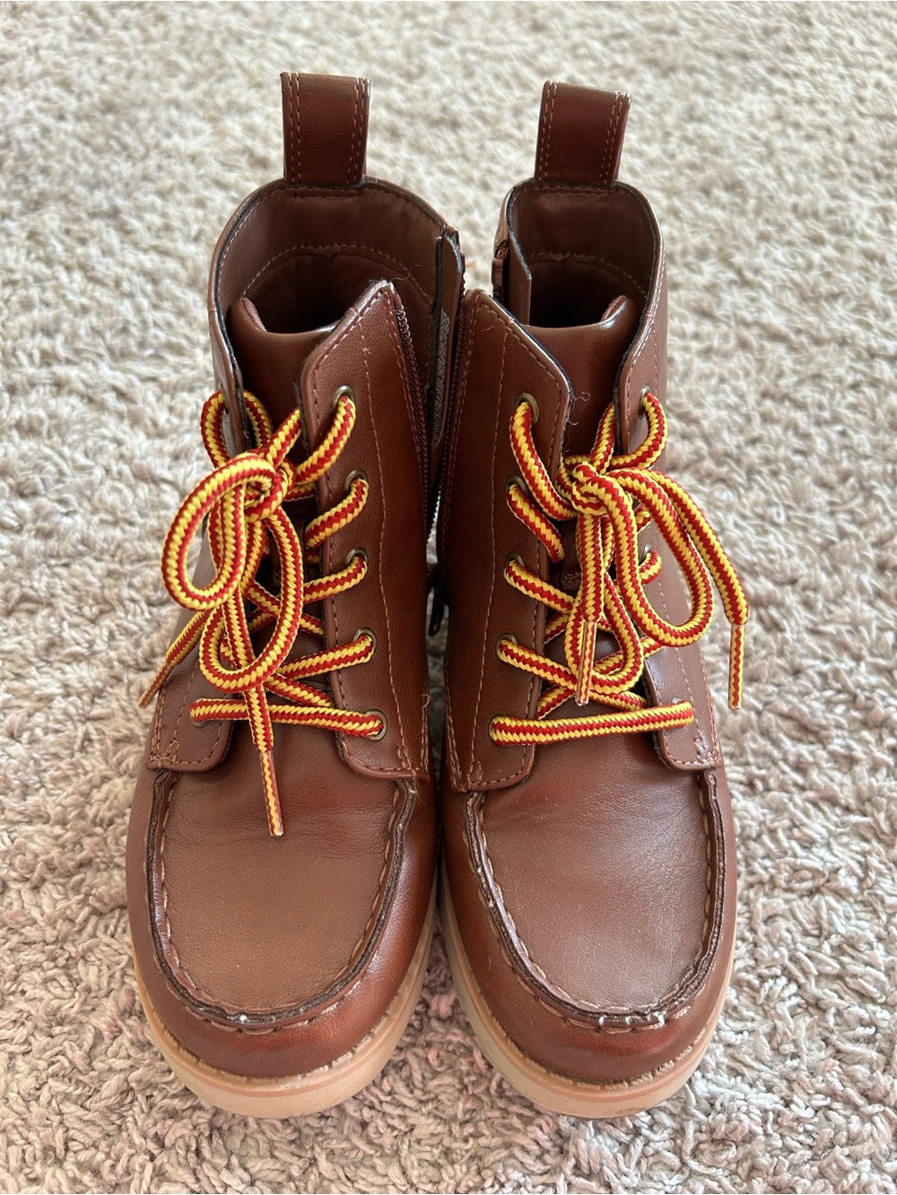 Cat & Jack Brown Moc Toe Boots with Yellow and Red Accent Laces